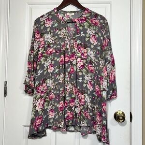 Umgee Floral Pink Roses Gray Tunic Oversized 3/4 Sleeve Boho Women’s Size Medium